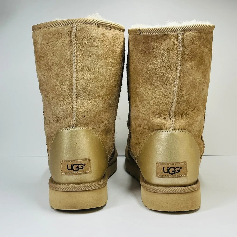 UGG Classic Short Metallic Heel Boots Women Size 10 Sand Gold Suede 1019030